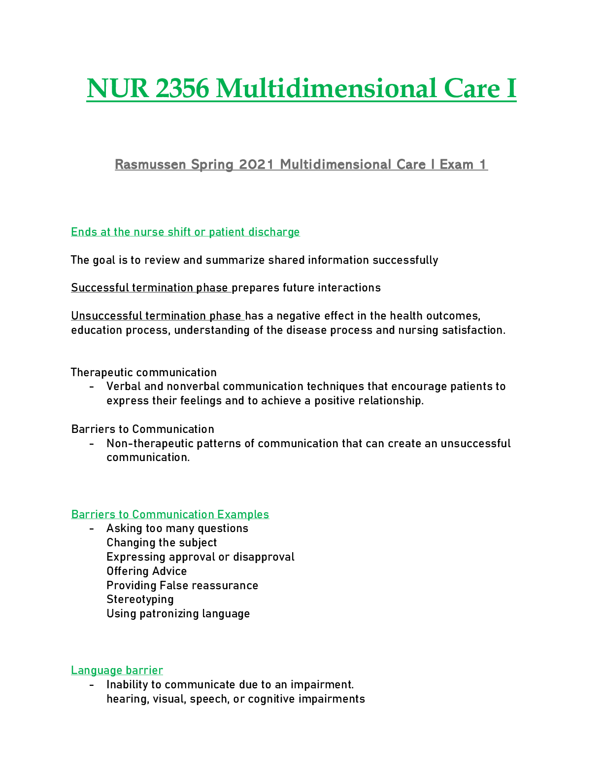 NUR 2356 / NUR2356 Exam 1 (Spring 2021): Multidimensional Care I / MDC 1 - Rasmussen